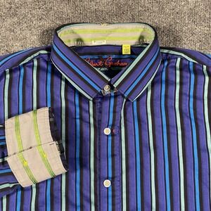 Robert Graham X Vertical Stripe Long Sleeve Fip Cuff Shirt Mens 2XL Tailored Fit